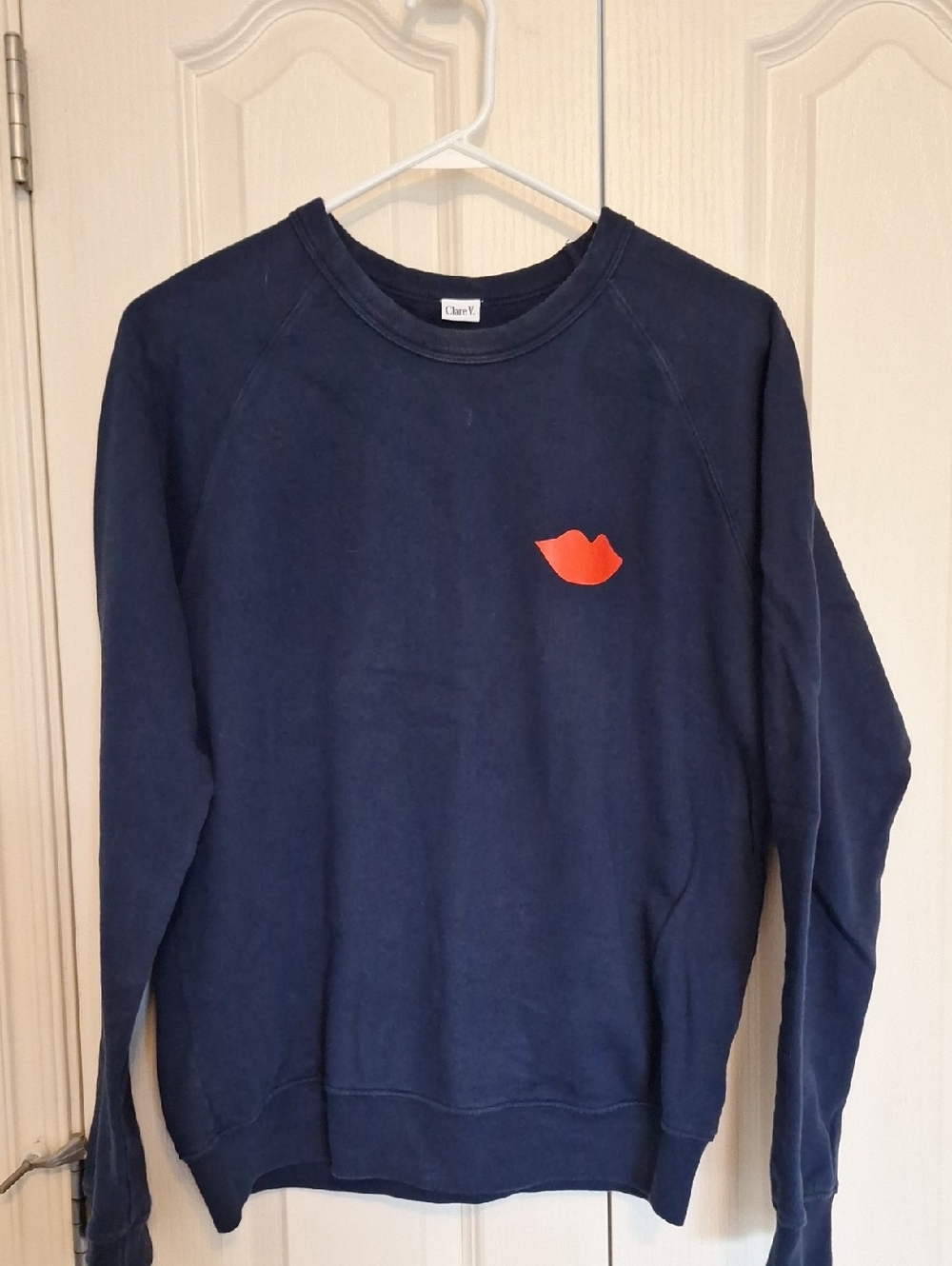 Clare V Navy Crewneck with Red Lip Patch